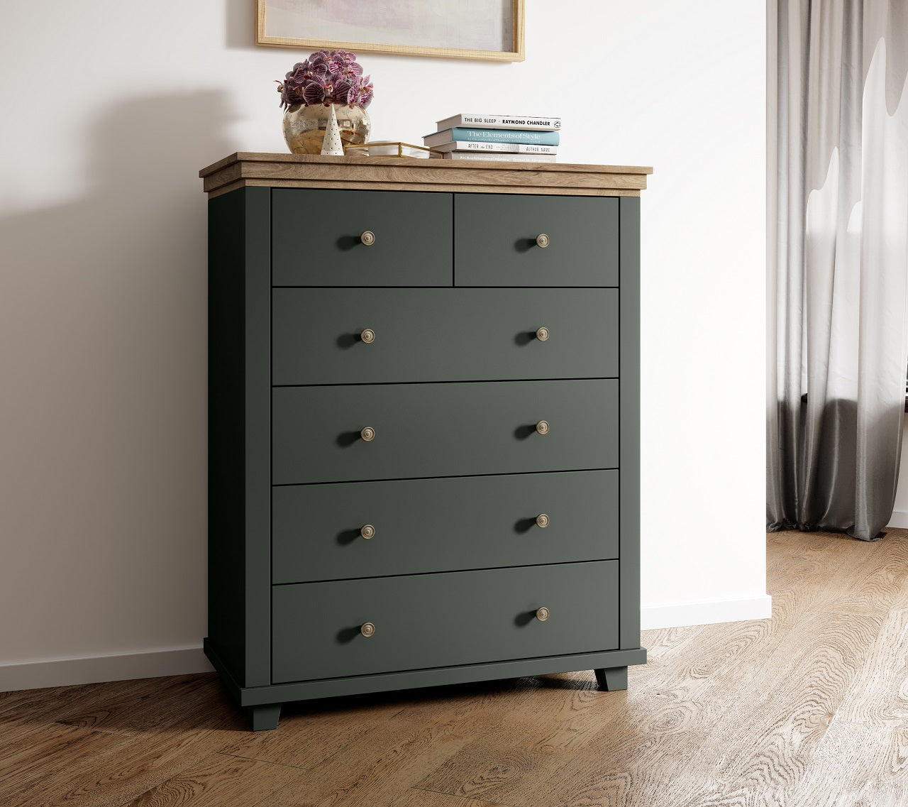 Chest of drawers EVORA EV45 green / oak lefkas