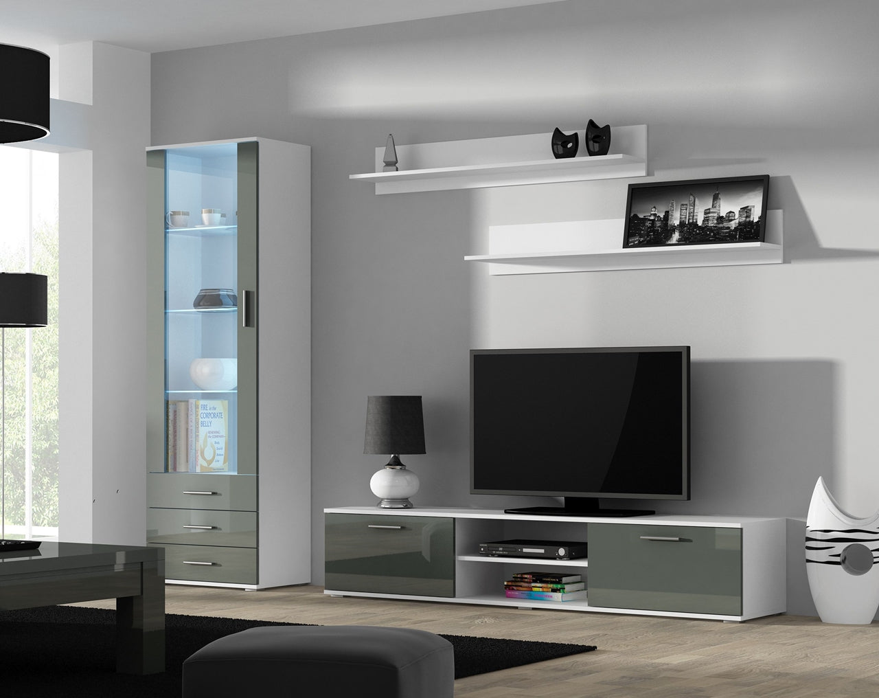 Wall Entertainment Unit SOHO 1F white / grey gloss