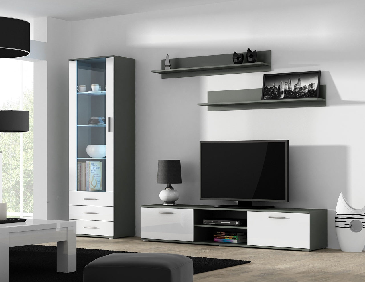 Wall Entertainment Unit SOHO 1G grey / white gloss