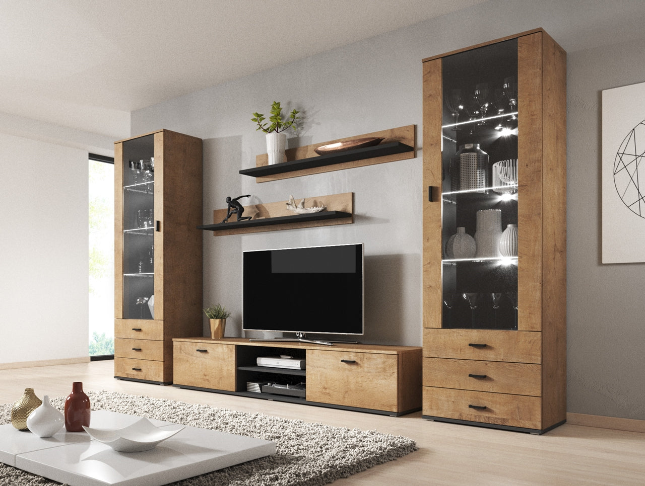 Wall Entertainment Unit SOHO 4I oak lefkas / black