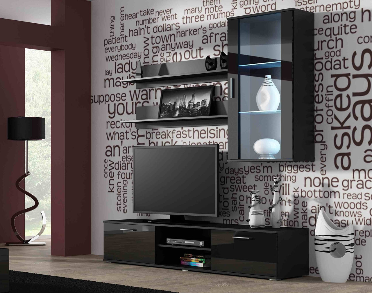 Wall Entertainment Unit SOHO 5D black gloss