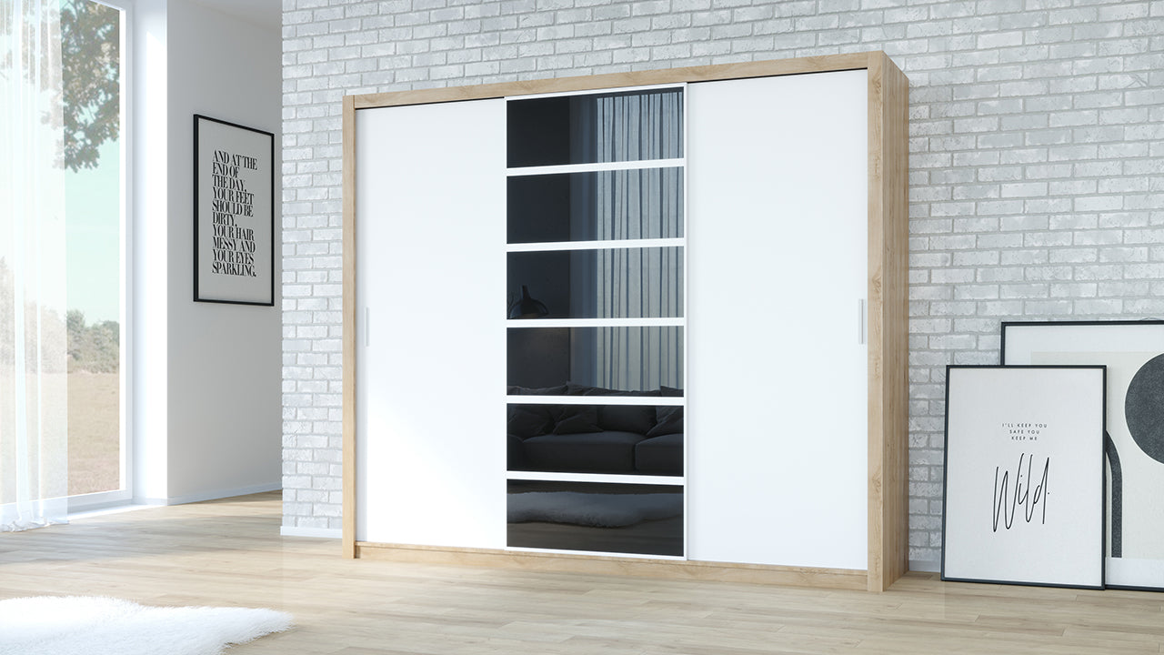 Wardrobe 250 PANAMA Artisan oak / White + Black glass