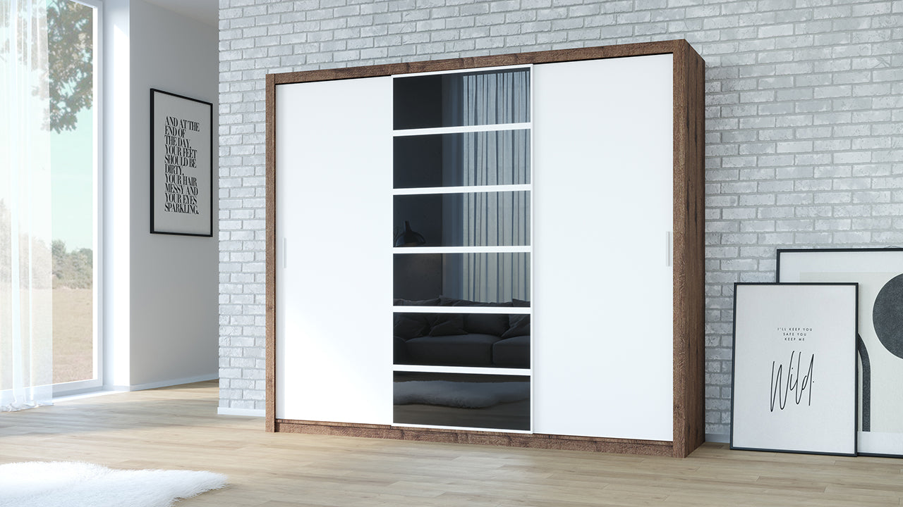 Wardrobe 250 PANAMA Monastery oak / White + Black glass