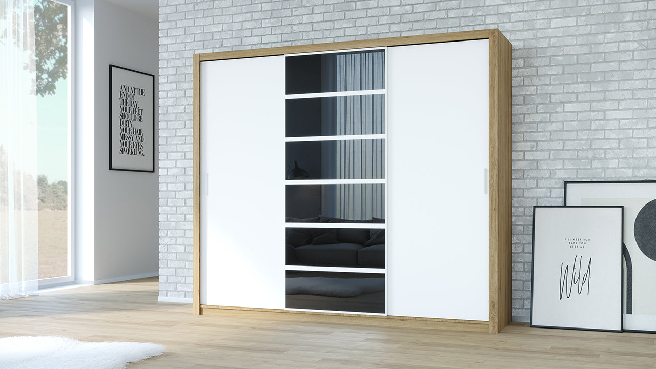 Wardrobe 250 PANAMA Golden oak / White + Black glass