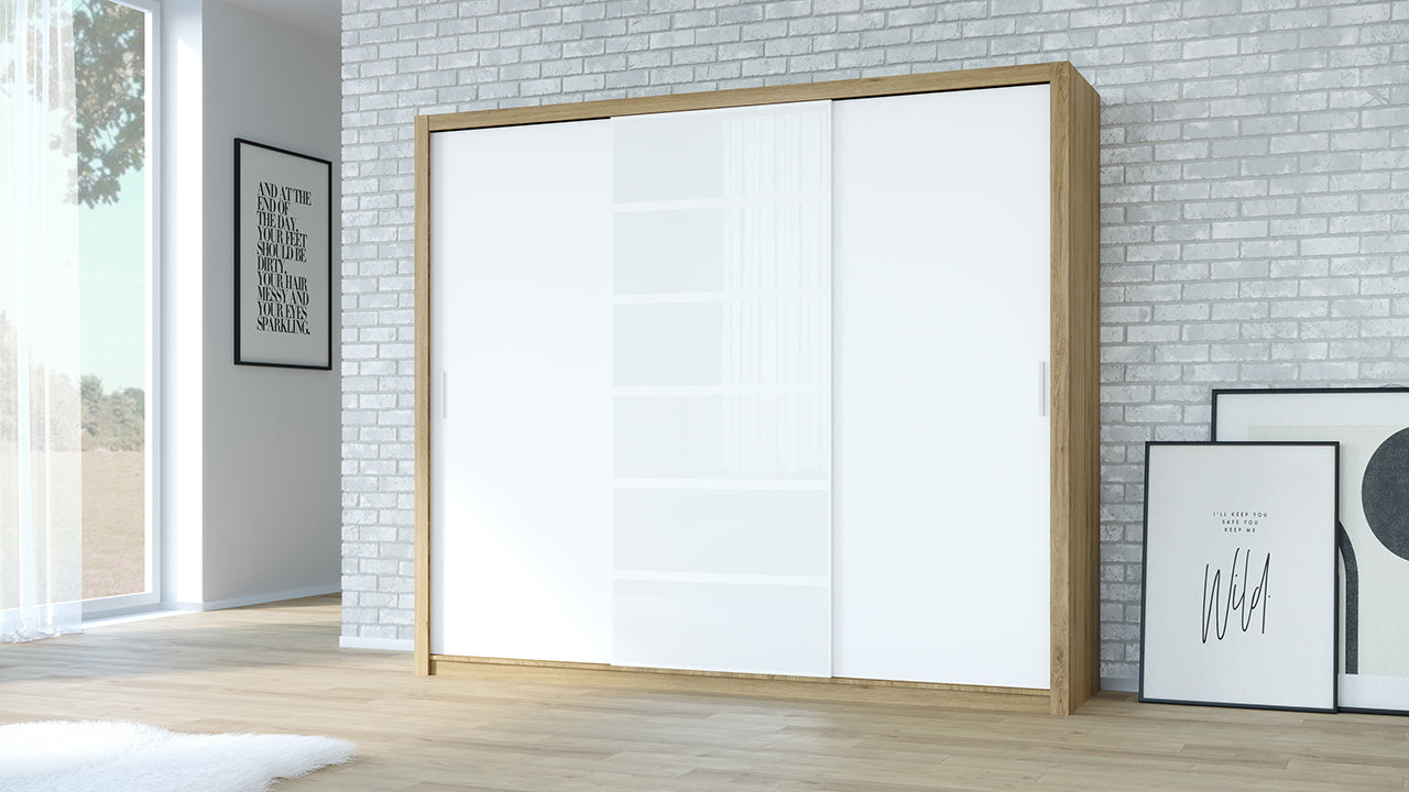 Wardrobe 250 PANAMA Golden oak / White + glass