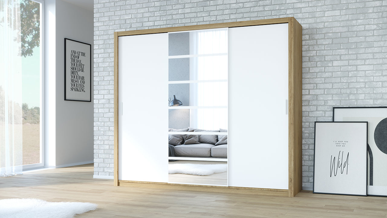 Wardrobe 250 PANAMA Golden oak / White + Mirror