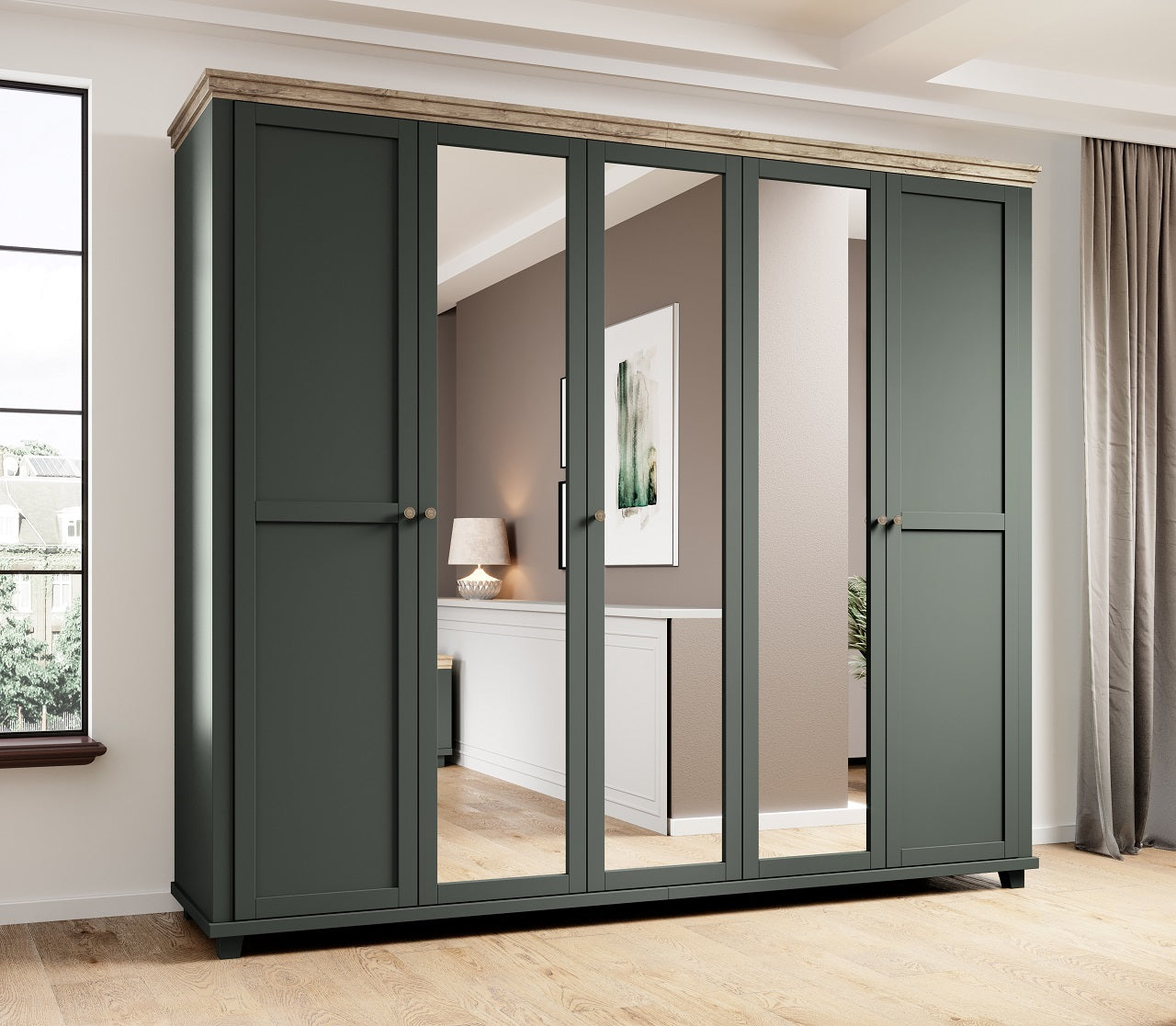 Wardrobe with mirror EVORA EV21 green / oak lefkas